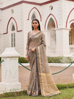 Tikhi Imli - Ready To Wear Grey Color Polycotton Woven Saree with Unstitched Blouse