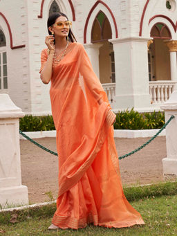 Tikhi Imli - Ready To Wear Orange Color Polycotton Plain Saree with Unstitched Blouse