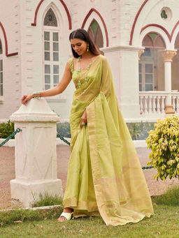 Tikhi Imli - Ready To Wear Lime Green Color Organza Silk Woven Saree with Unstitched Blouse