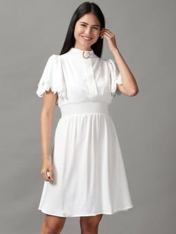 SHOWOFF - Womens High Neck Knee Length White Solid Dress