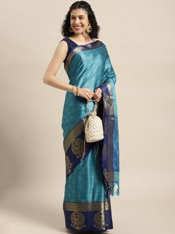 Vastranand - Blue Zari Silk Blend Banarasi Saree with Unstitched Blouse