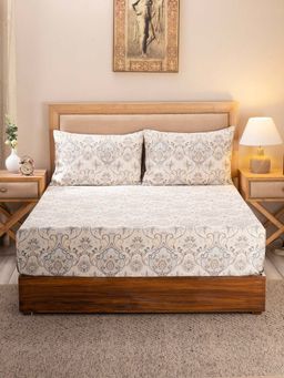 Maspar - Hues Nouveau Tradition Lawn Rerun 300tc Cotton Neutral Bedsheet, 2 Pillow Covers