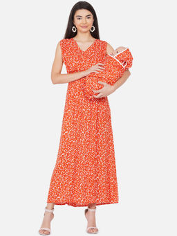 Mine4Nine - Orange Floral Maxi Maternity Dress for Mom & Matching Baby Wrapper (Set of 2)