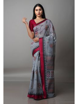 Unnati Silks - Grey Block Printed Sico Saree with Unstitched Blouse