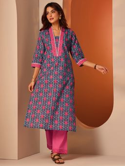 Libas - Blue Floral V-Neck Kurta