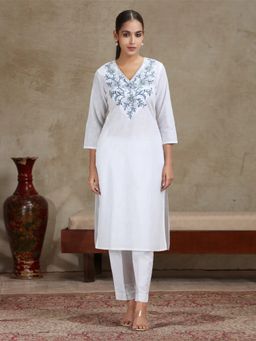 Cotton Culture - White Embroidered V-Neck Kurta