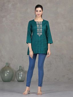 Cotton Culture - Teal Embroidered Round Neck Tunic
