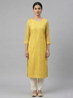 Ahalyaa - Yellow Embroidered Round Neck Kurta