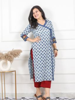 DESI SANDOOK - Blue Printed V-Neck Kurta