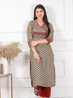 DESI SANDOOK - Beige Printed V-Neck Kurta
