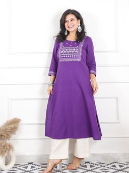 DESI SANDOOK - Purple Solid/Plain Round Neck Kurta