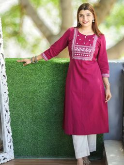 DESI SANDOOK - Purple Solid/Plain Round Neck Kurta
