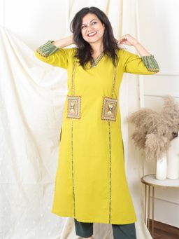 DESI SANDOOK - Yellow Embroidered V-Neck Kurta