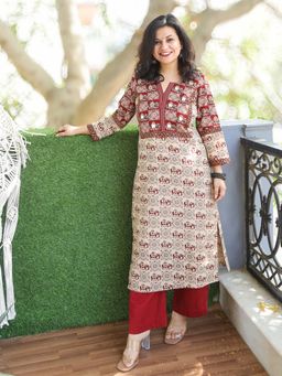 DESI SANDOOK - Beige Printed Round Neck Kurta