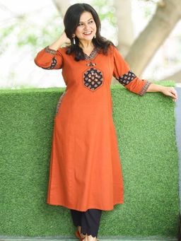 DESI SANDOOK - Rust Printed V-Neck Kurta