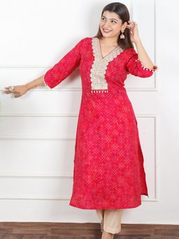 DESI SANDOOK - Pink Printed V-Neck Kurta