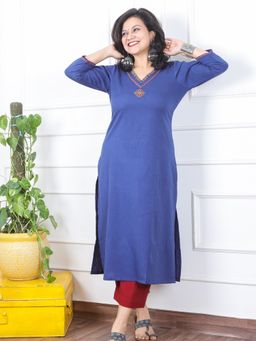 DESI SANDOOK - Blue Solid/Plain V-Neck Kurta