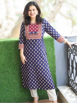 DESI SANDOOK - Navy Blue Printed Round Neck Kurta