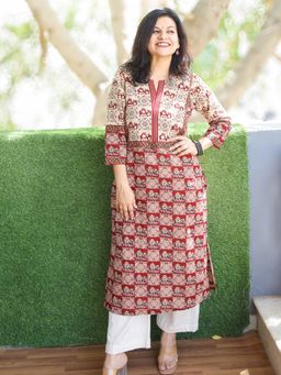DESI SANDOOK - Red Printed Round Neck Kurta