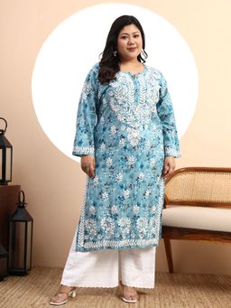 SYRISH - Blue Embroidered Round Neck Kurta