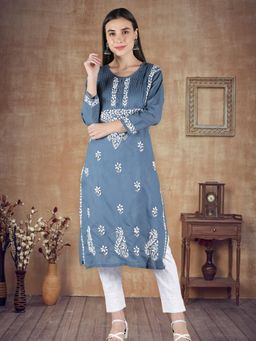 Seva Chikan - Grey Embroidered Round Neck Kurta