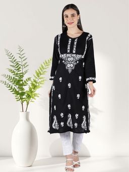 Seva Chikan - Black Embroidered Round Neck Kurta