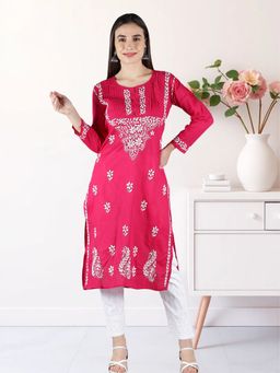 Seva Chikan - Magenta Embroidered Round Neck Kurta