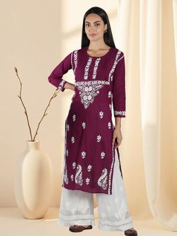 Seva Chikan - Purple Embroidered Round Neck Kurta