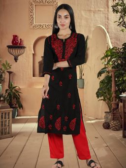 Seva Chikan - Black Embroidered Round Neck Kurta
