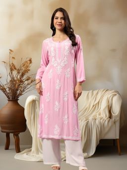 Seva Chikan - Pink Embroidered Round Neck Kurta