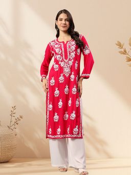 Seva Chikan - Magenta Embroidered Round Neck Kurta