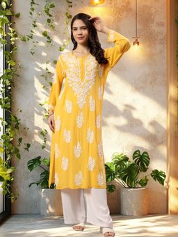 Seva Chikan - Yellow Embroidered Round Neck Kurta