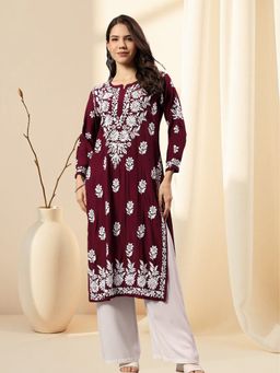 Seva Chikan - Purple Embroidered Round Neck Kurta