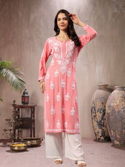 Seva Chikan - Peach Embroidered Round Neck Kurta