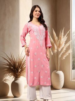 Seva Chikan - Pink Embroidered Round Neck Kurta