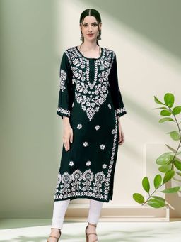 Seva Chikan - Green Embroidered Round Neck Kurta