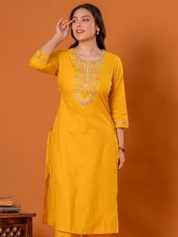 ARAMYA - Yellow Embroidered Round Neck Kurta