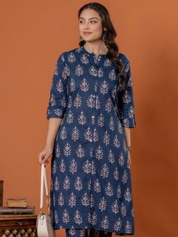 ARAMYA - Blue Printed Mandarin Neck Kurta
