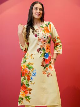 ARAMYA - Beige Floral Round Neck Kurta