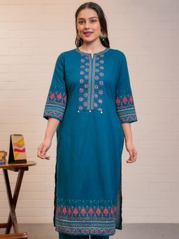 ARAMYA - Blue Printed Round Neck Kurta