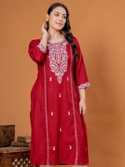 ARAMYA - Maroon Embroidered Round Neck Kurta