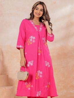 ARAMYA - Pink Embroidered V-Neck Kurta
