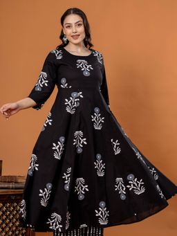 ARAMYA - Black Floral Round Neck Dress