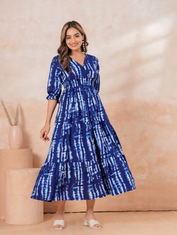 ARAMYA - Indigo Printed V-Neck Dress