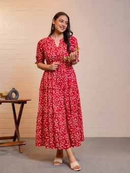 ARAMYA - Red Printed Mandarin Neck Dress