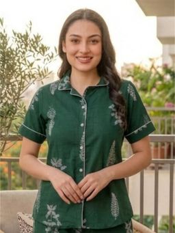 ARAMYA - Green Floral Collar Neck Shirt