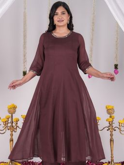 ARAMYA - Brown Embellished/Sequined Round Neck Dress