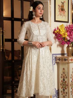 ARAMYA - Off White Printed Round Neck Anarkali Kurta
