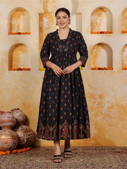 ARAMYA - Black Floral Square Neck Dress