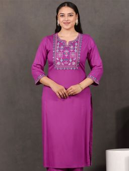 ARAMYA - Purple Embroidered Round Neck Kurta